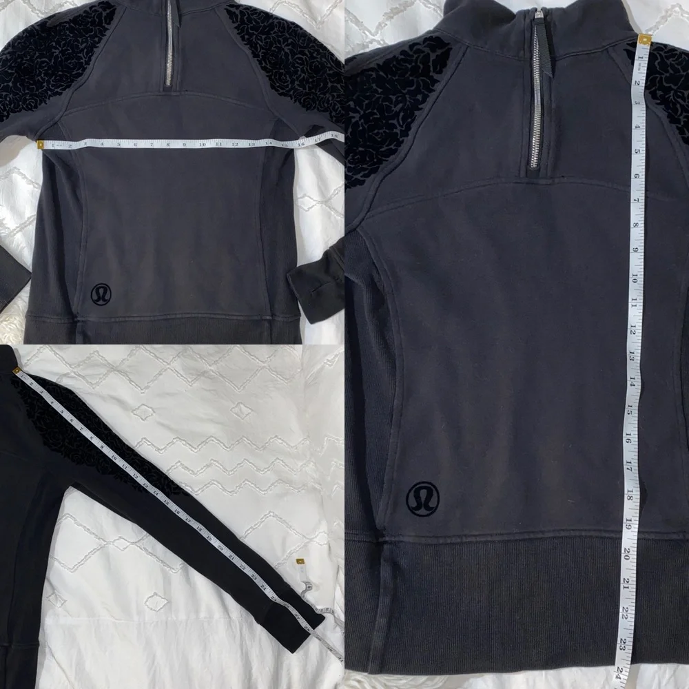 lululemon | Floral Flock Pullover Black Velvet Terry 1/4 Zip Sweater Size 4